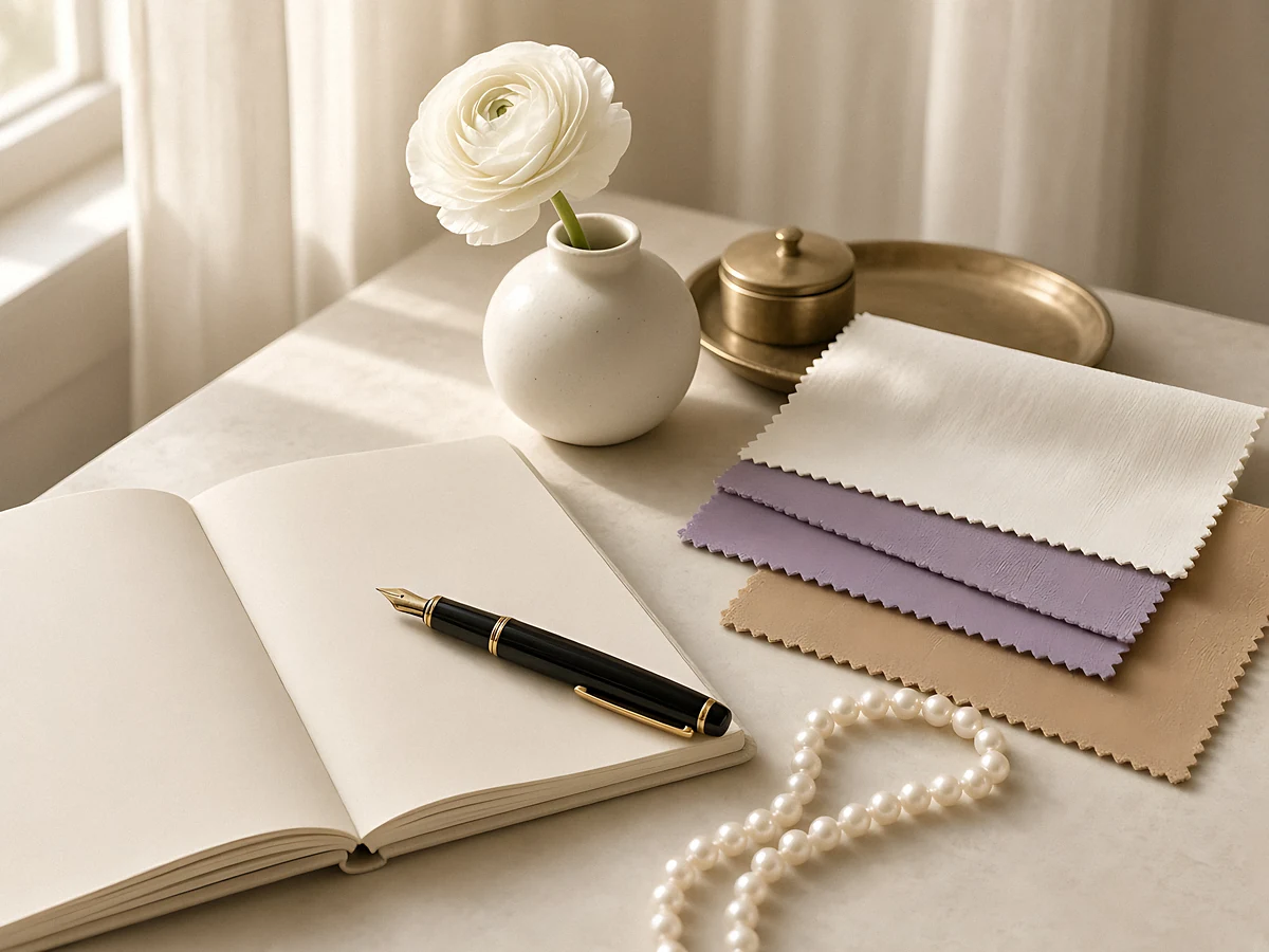 An editor's desk with a notebook, fountain pen, pearls and fabric swatches