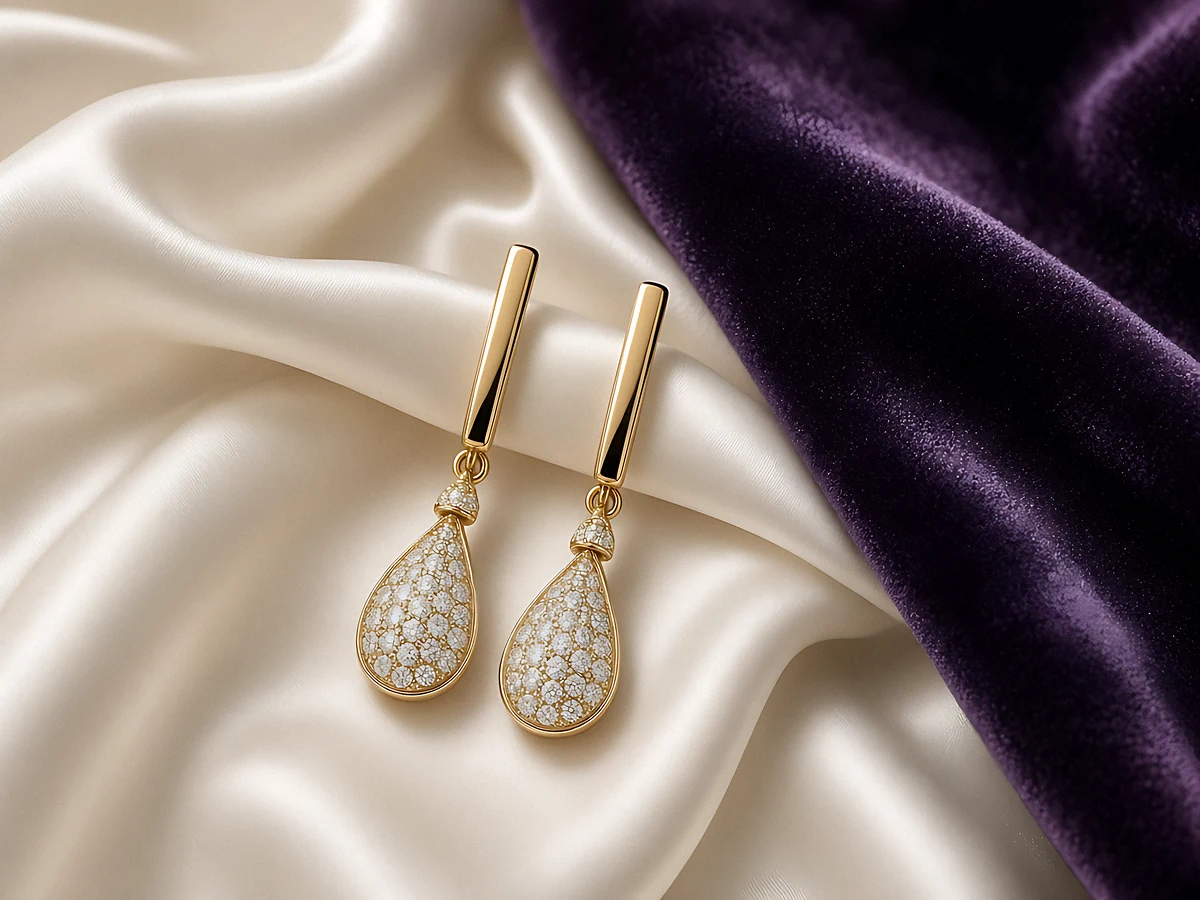 A pair of oversized earrings — one geometric gold, one rhinestone chandelier — on ivory silk and plum velvet