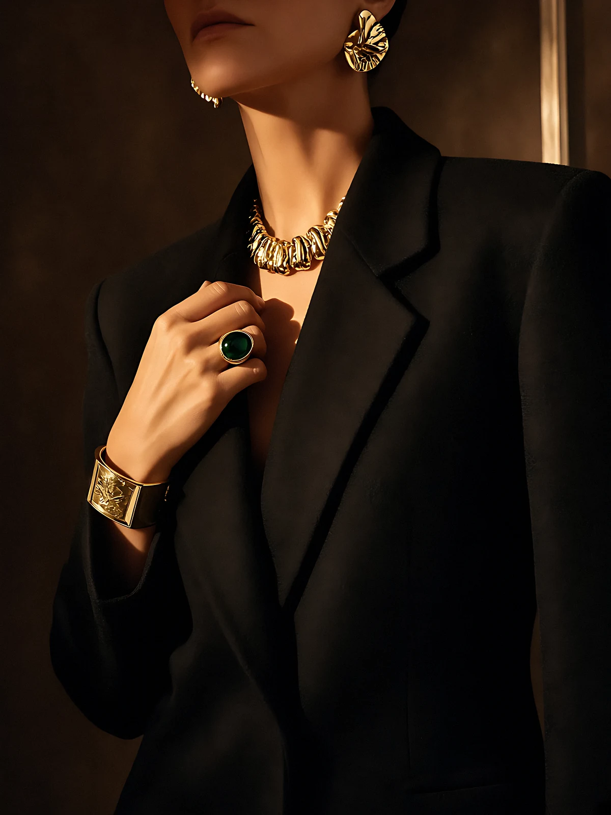A woman in a strong-shouldered black wool blazer raises a hand to her collar, wearing sculptural yellow gold earrings, a chunky gold collar, a wide gold cuff and a green cabochon cocktail ring in warm low light