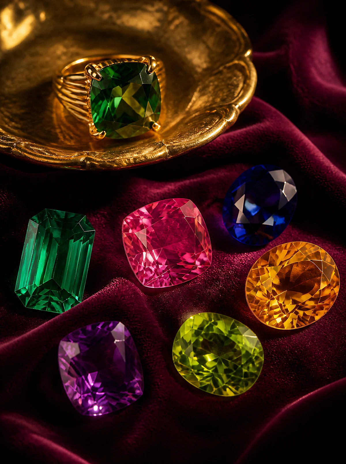 A gold cocktail ring set with a large green stone in a gilt dish, surrounded by loose emerald, pink, sapphire-blue, citrine, amethyst and peridot gemstones on burgundy velvet