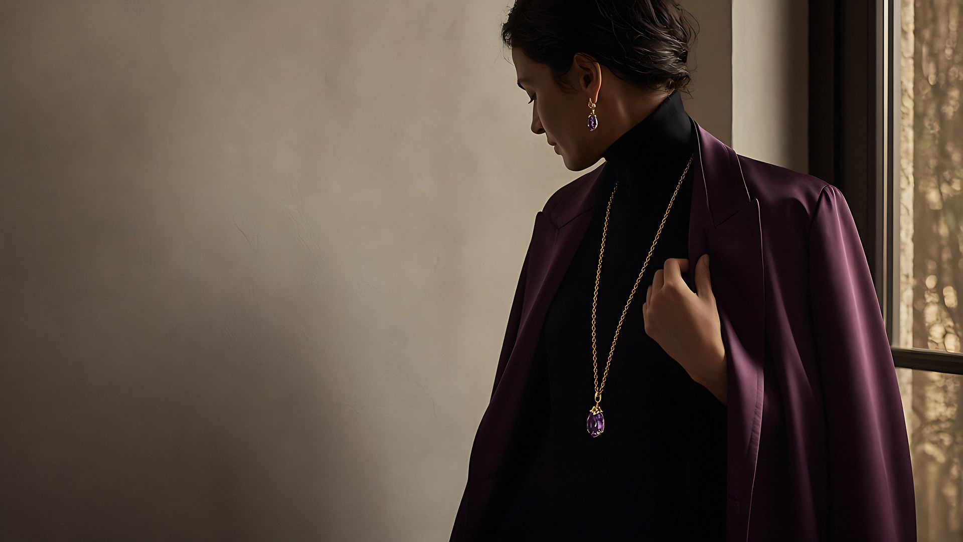 A woman turned three-quarters away by a window, in a black knit and plum satin coat, wearing a long gold sautoir with an amethyst pendant and amethyst drop earrings