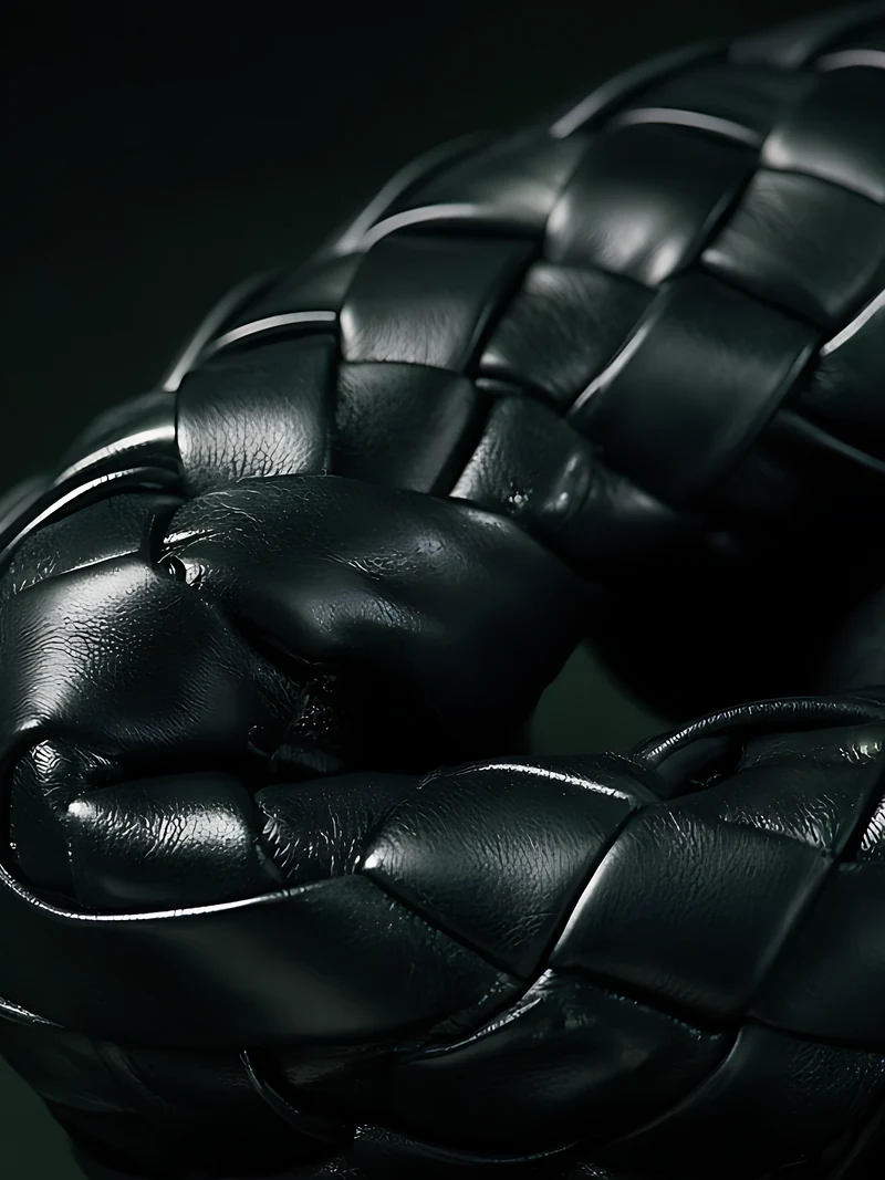 Close view of soft black woven leather twisted into a heavy knot against a dark green background