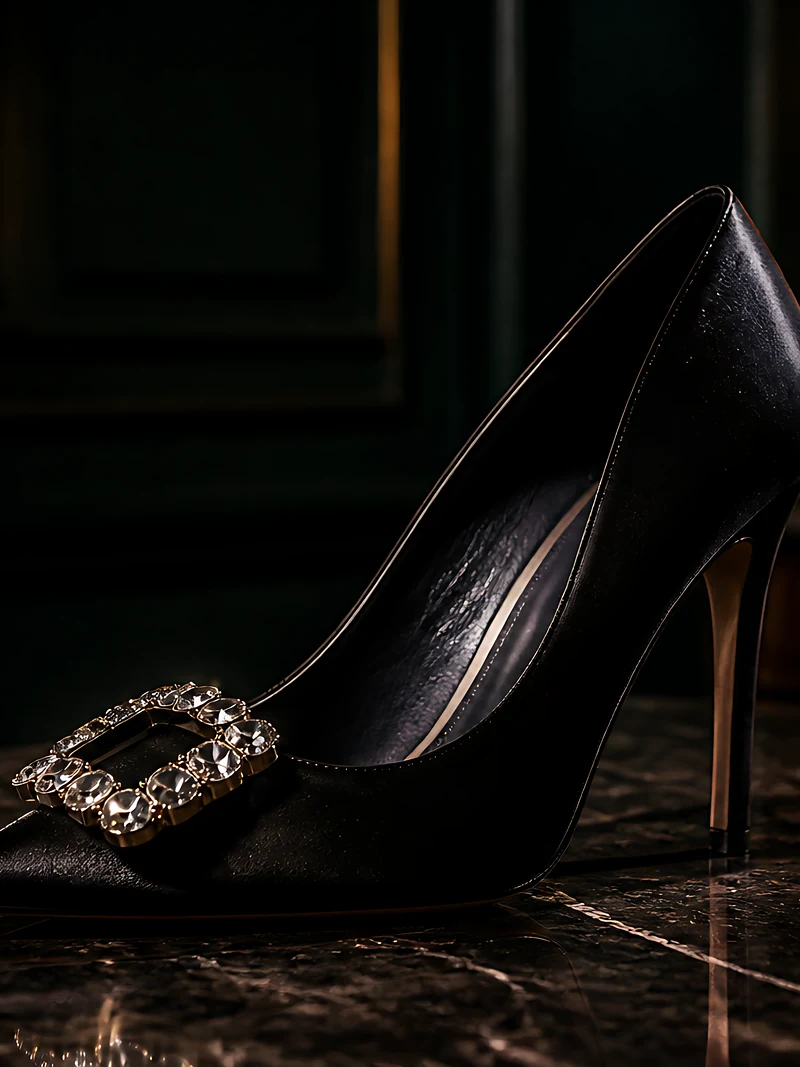 A single black satin stiletto pump with a large square crystal buckle on dark marble, candles glowing in a green room behind