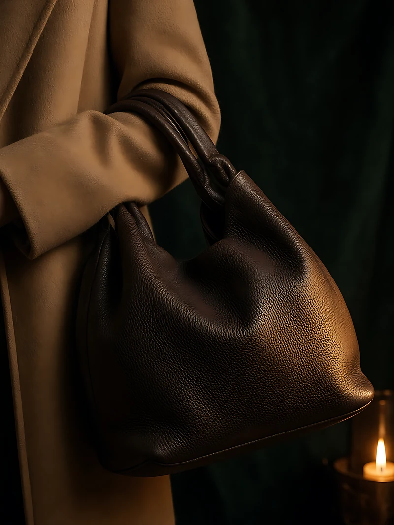 A gloved hand and camel coat sleeve holding a soft, gathered espresso-brown pebbled leather tote beside a dark green velvet curtain, a single candle glowing behind