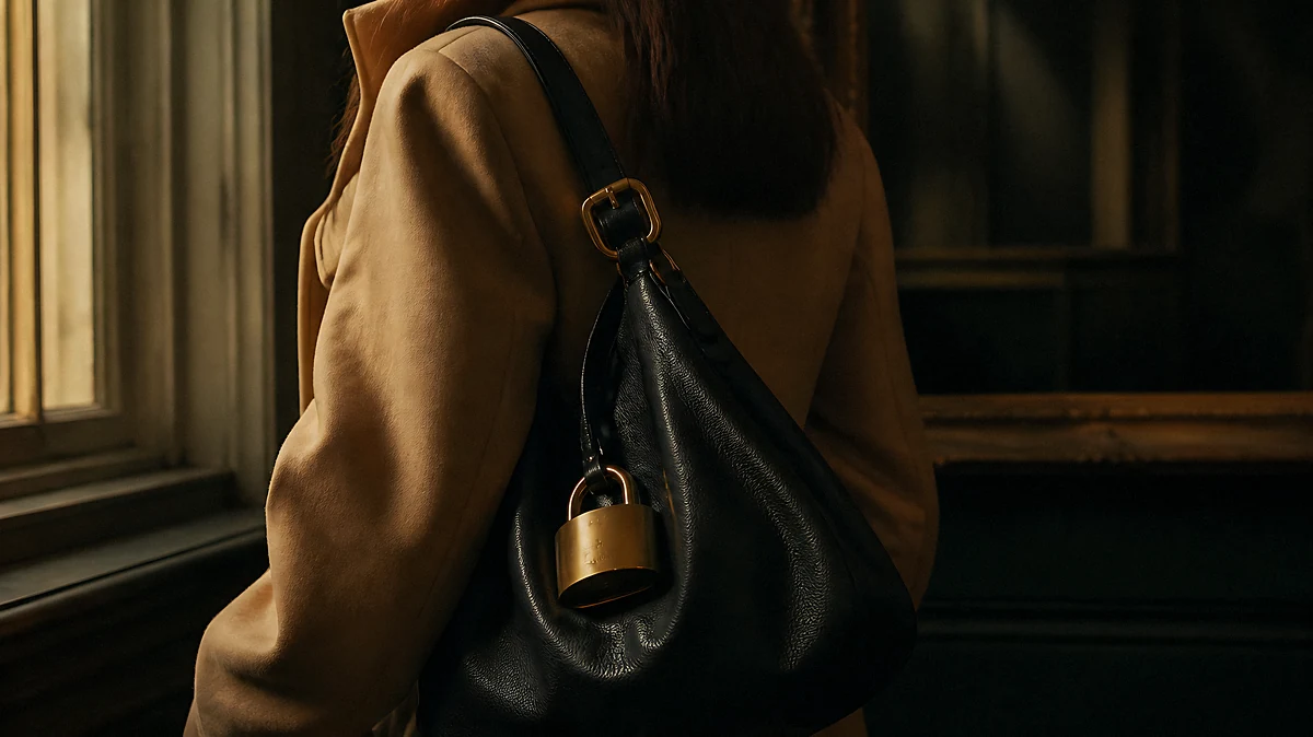 A woman in a camel coat carrying a slouchy black leather shoulder bag with a heavy brass padlock, by a dim window