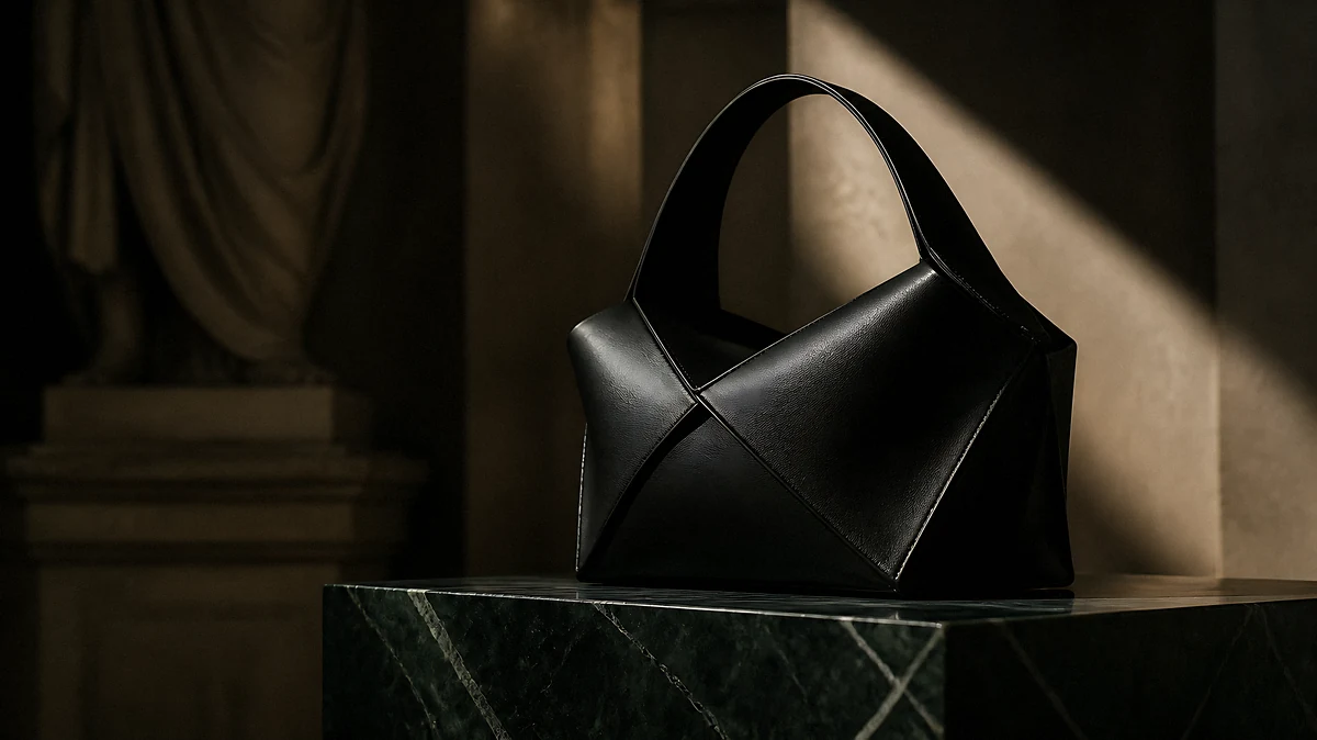 A black geometric leather handbag on a dark green marble plinth, raked by a single shaft of light