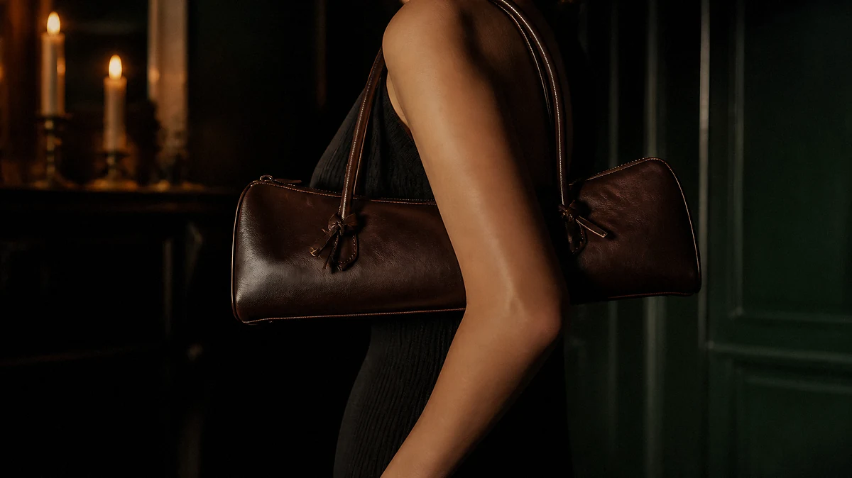A long dark brown leather shoulder bag with tied handles carried under a bare arm in a candlelit green room