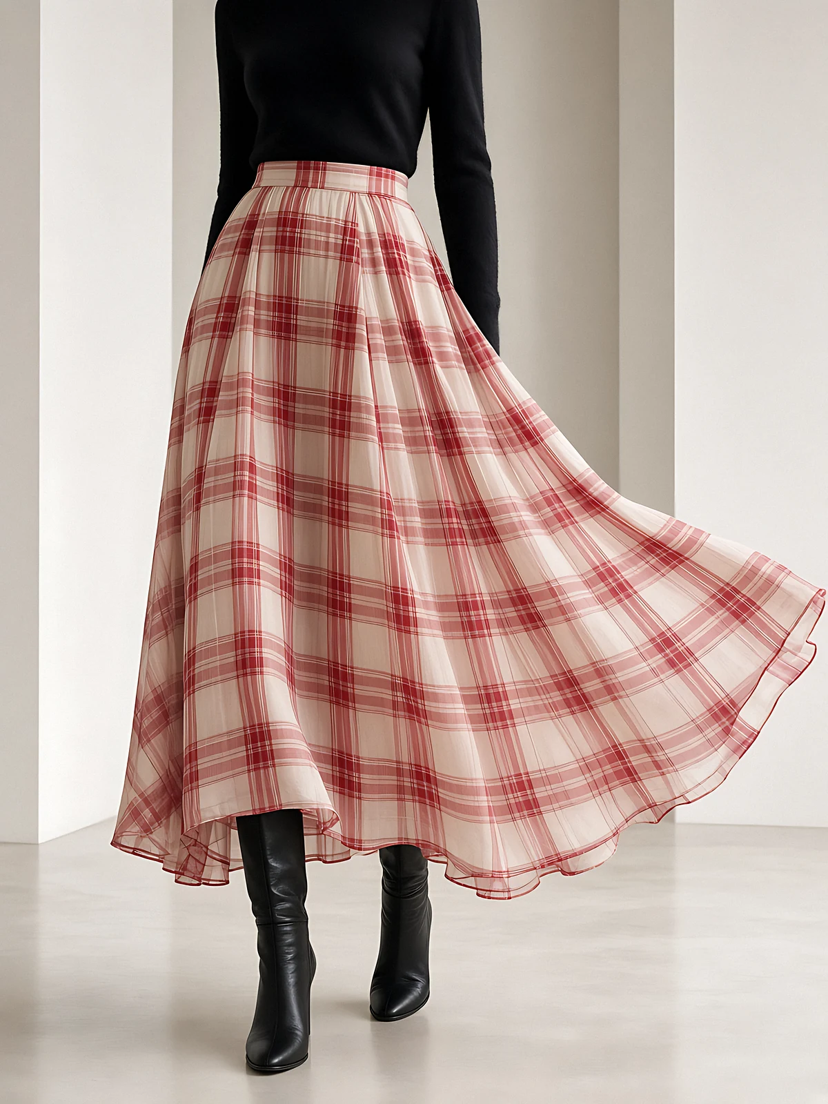 A flowing red and ivory plaid chiffon skirt worn with a black knit and knee-high boots