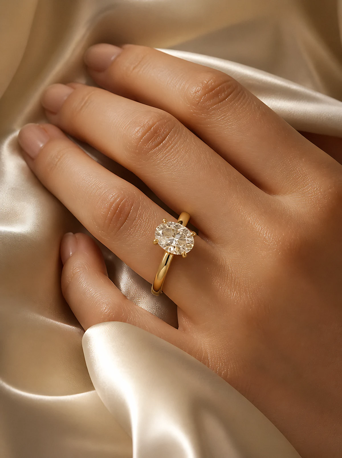 A hand wearing a yellow-gold engagement ring with an elongated diamond solitaire resting on ivory silk