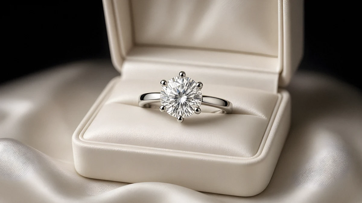 A round diamond solitaire in an ivory silk ring box on ivory satin