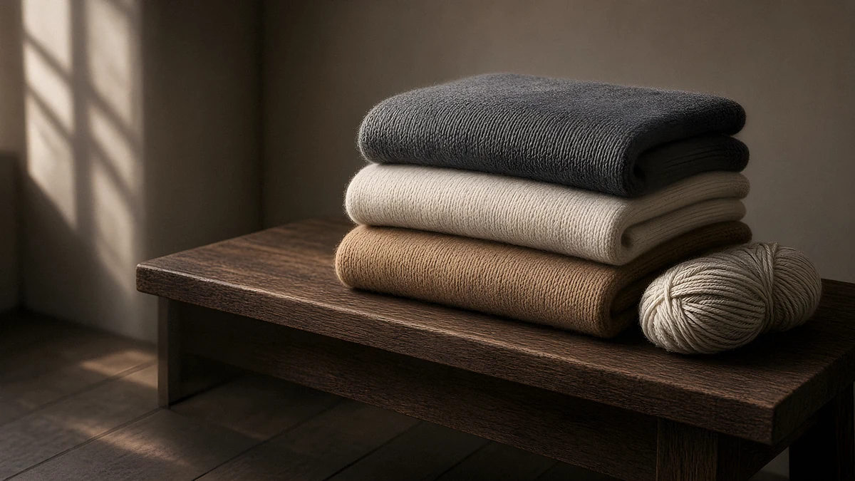 Folded camel, oatmeal and charcoal cashmere sweaters stacked on an oak bench in window light
