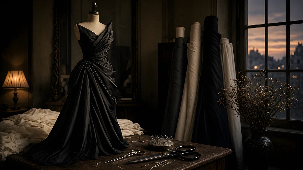 A draped black silk gown on a dress form in a couture atelier at dusk
