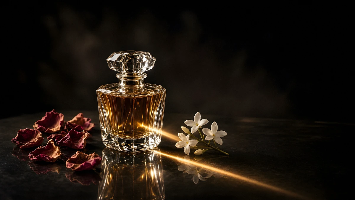 A faceted crystal perfume bottle with amber liquid beside dried rose petals and jasmine