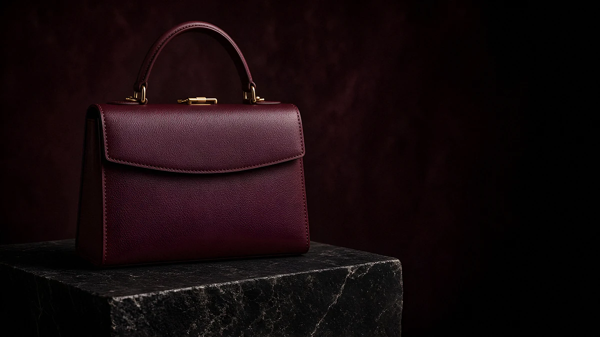 An oxblood top-handle handbag with gold hardware on a dark stone plinth