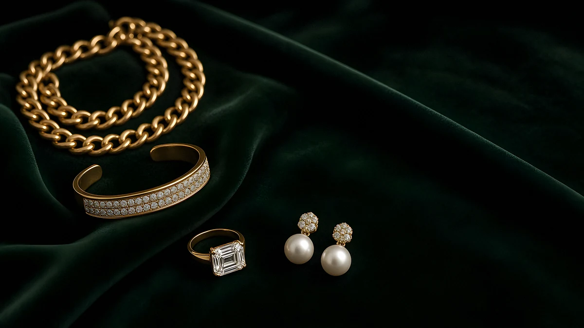 A gold chain, a diamond cuff, an emerald-cut ring and pearl drop earrings on bottle-green velvet in low light
