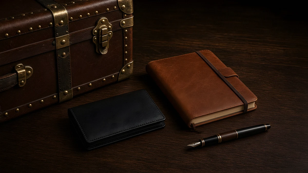 A brass-cornered steamer trunk, a black card case, a leather notebook and a fountain pen on a walnut desk