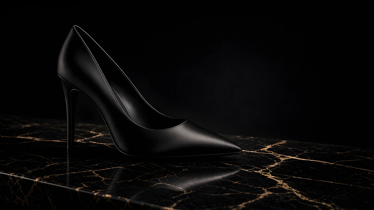 A single black satin stiletto pump on gold-veined black marble