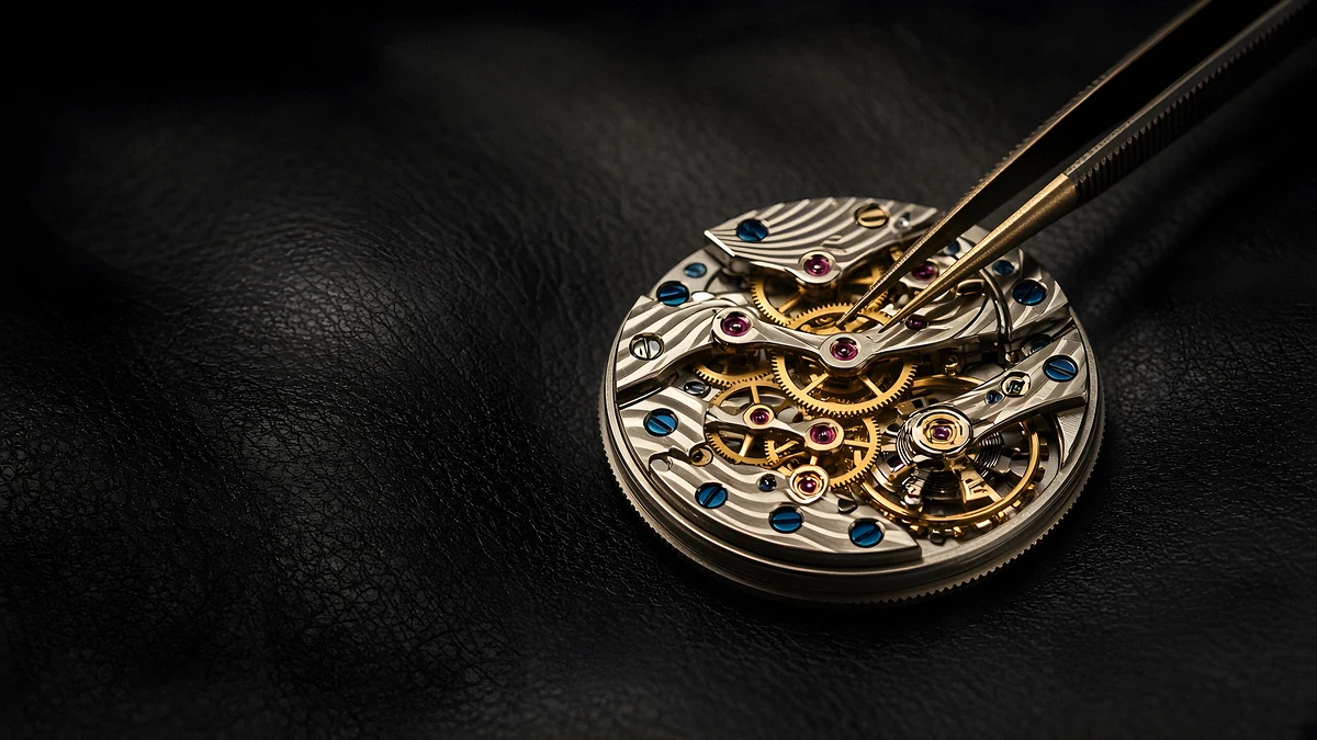An exposed hand-finished watch movement with blued screws and ruby jewels on dark leather, held by tweezers