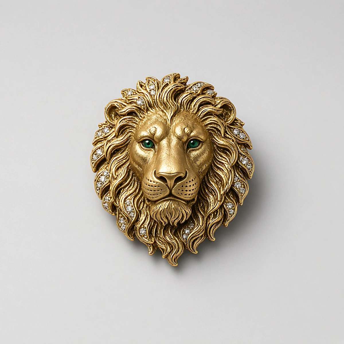 A gold lion-head brooch with pavé diamonds and emerald eyes on a pale grey background