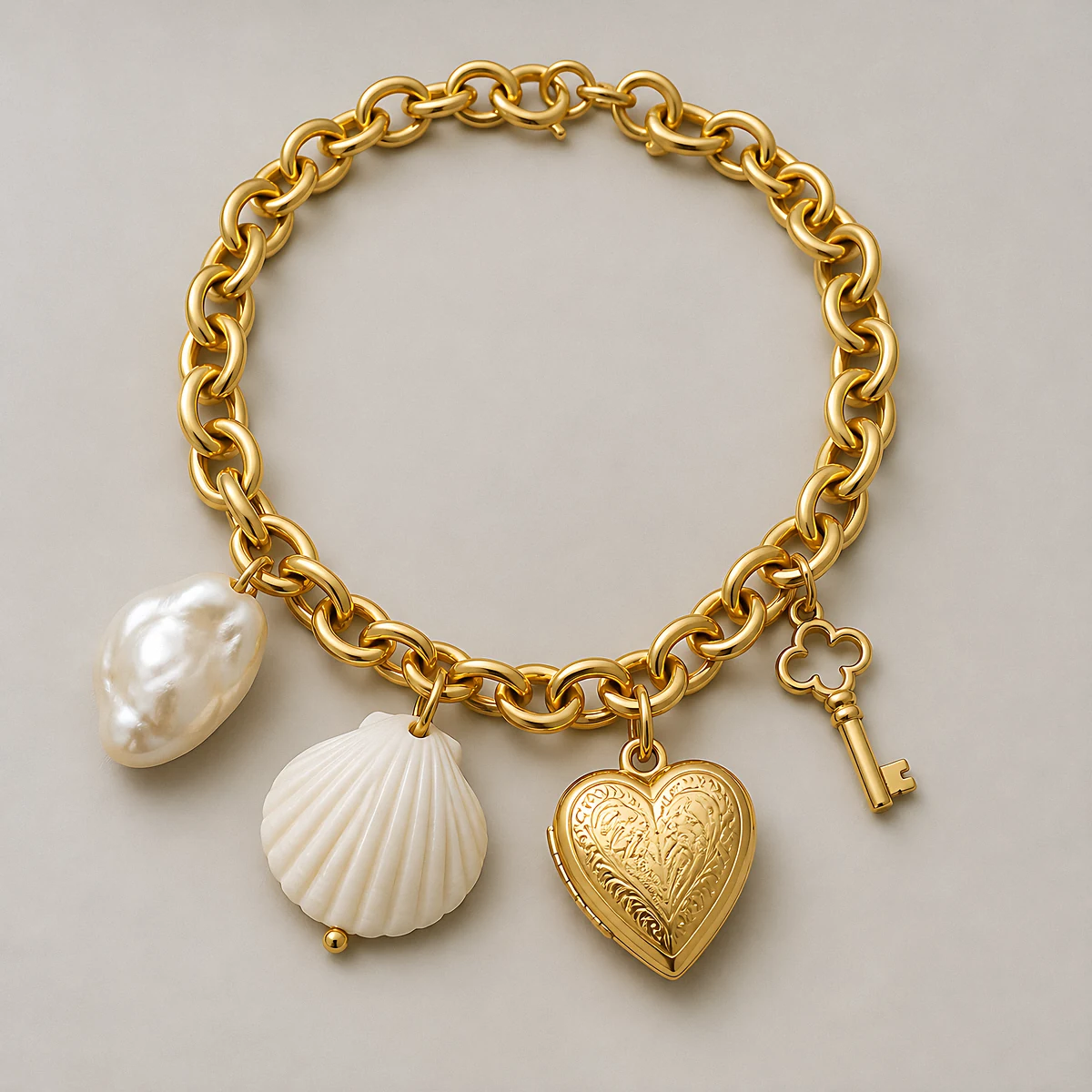 A chunky gold chain hung with a baroque pearl, a scallop shell, a heart locket and a key charm, photographed in the studio