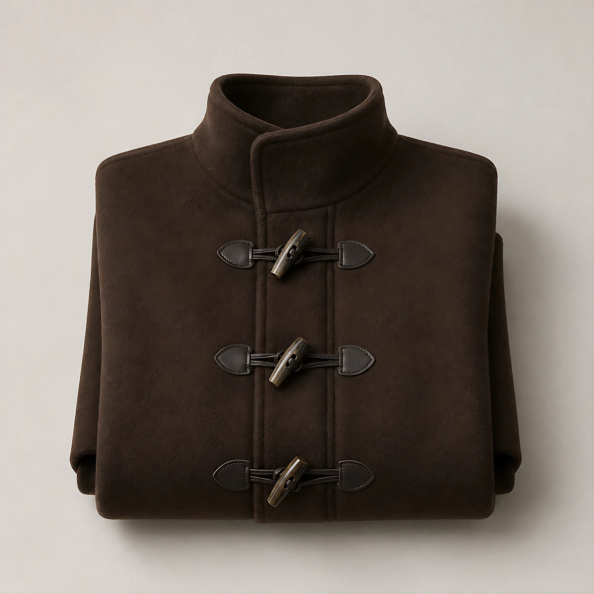 A folded chocolate-brown toggle coat with a high funnel neck, photographed in the studio