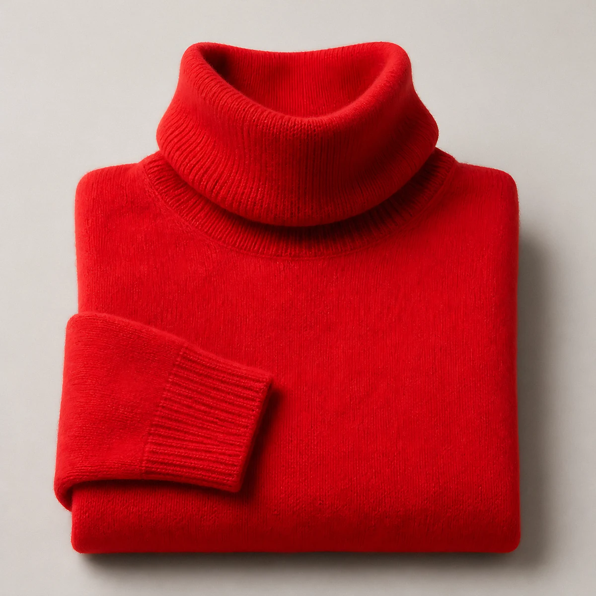 A folded red turtleneck sweater photographed in the studio