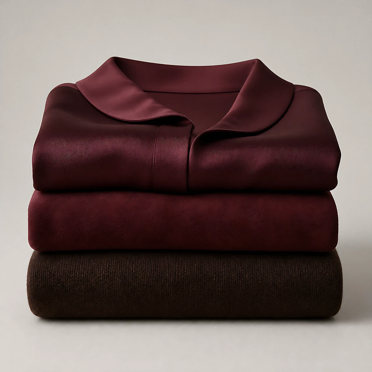 A folded trio of burgundy, oxblood and chocolate-brown garments stacked in the studio