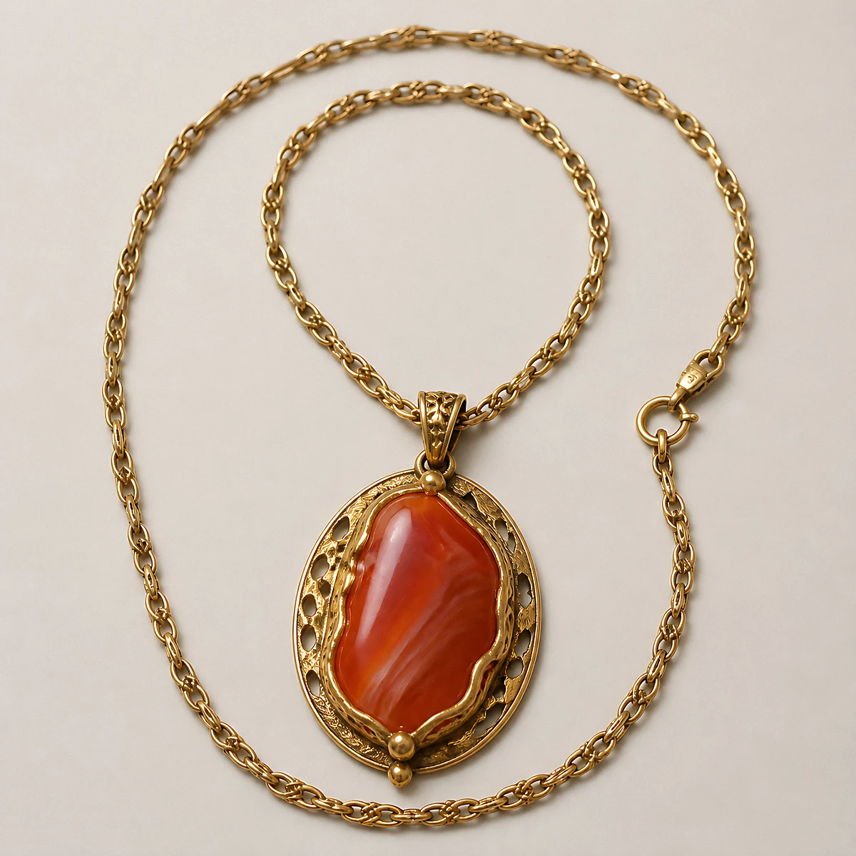 A gold chain with an oval carnelian pendant photographed in the studio