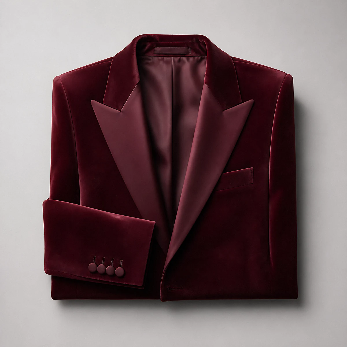 A folded burgundy velvet blazer with velvet lapels, photographed in the studio