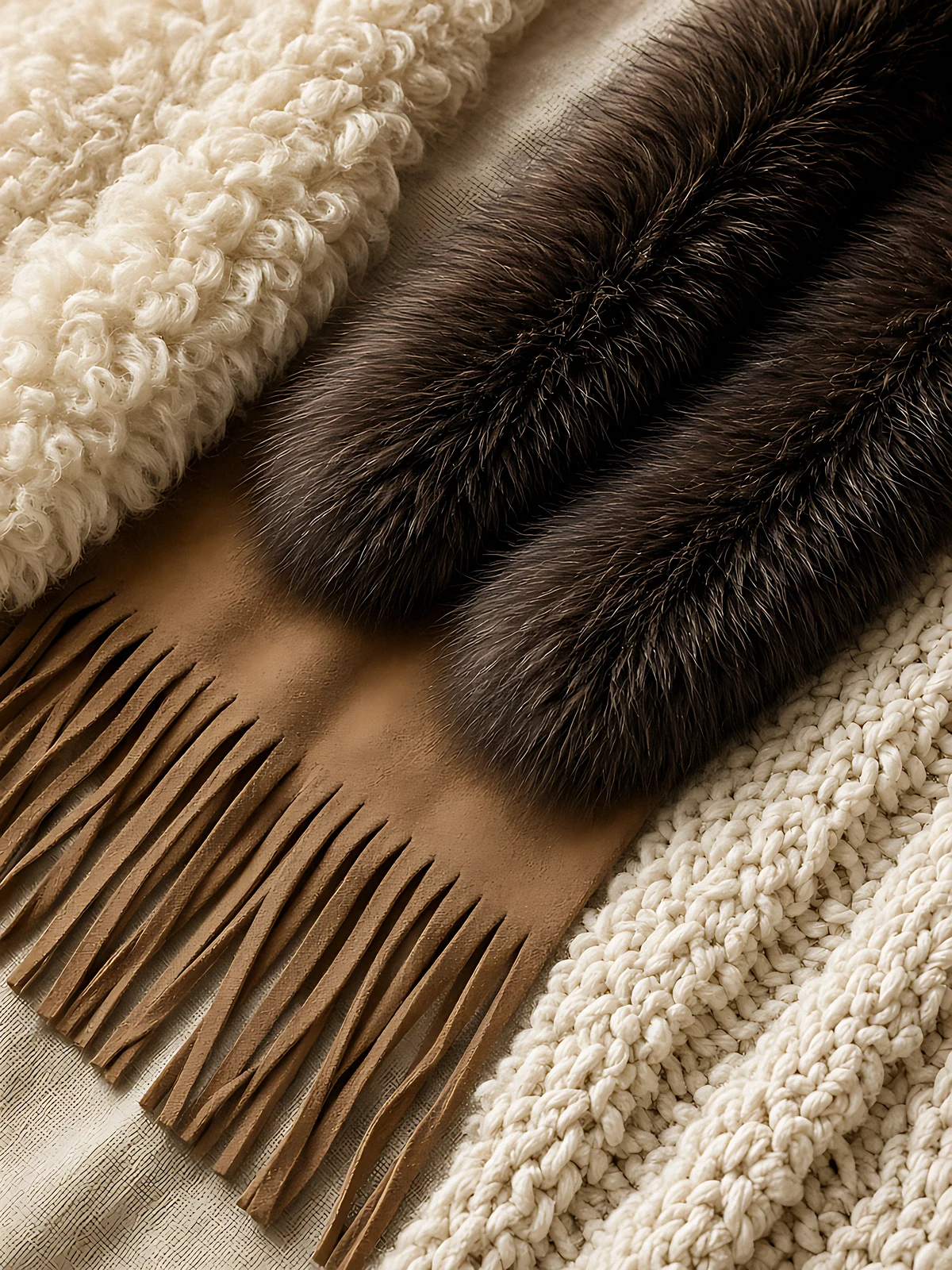 A close-up of cream shearling, a chocolate faux-fur collar, suede fringe and a bouclé knit