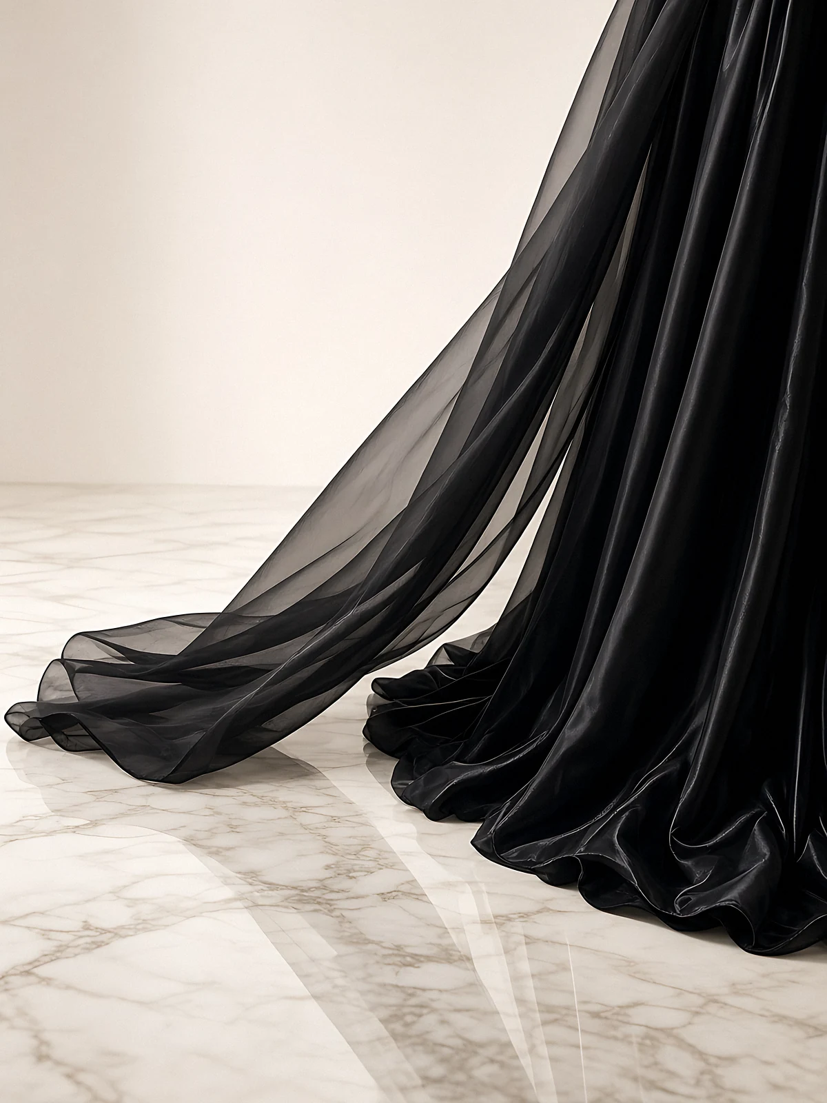 The hem of a black silk gown with a translucent organza train across a marble floor
