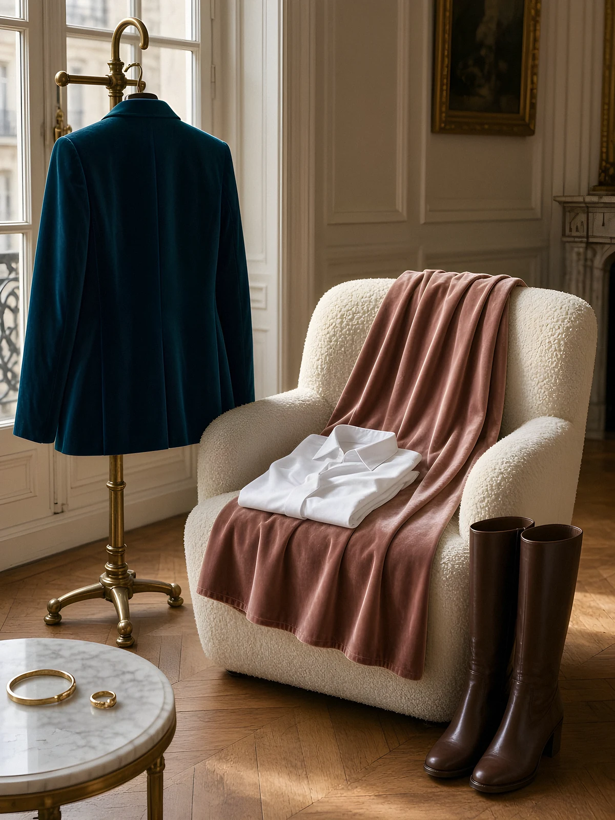 Morning light in a Parisian apartment: a deep teal velvet blazer on a brass valet stand, a dusty-rose velvet skirt and folded white shirt on a bouclé armchair, chocolate leather knee boots and gold jewellery on a marble table